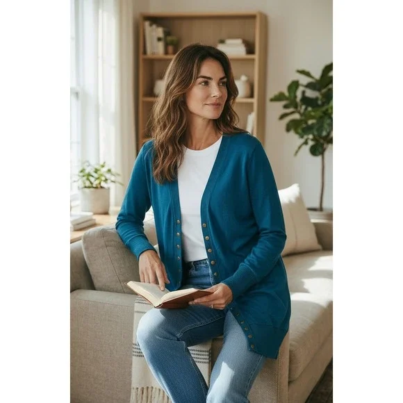 Zenana Outfitters Teal Blue Longline Snap Front Cardigan Sweater Women's 2X - Picture 2 of 5